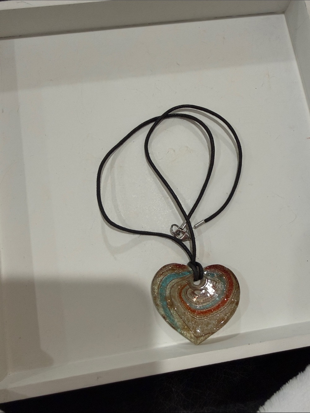 Heart Pendant Necklace in Teal, Copper and Black Cord